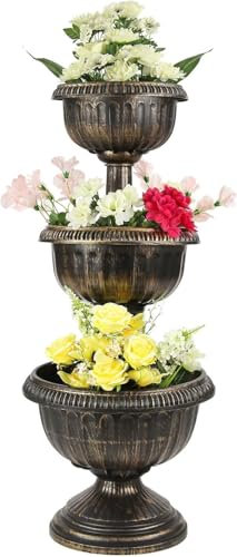 Greenfields Antique Bronze Effect 3 Tier Fountain Flower Planter Pot Display Stand with Stable Base - Stunning Floral Cascade Design for Outdoor Garden, Balcony, Terrace, Patio, and Decking Decor