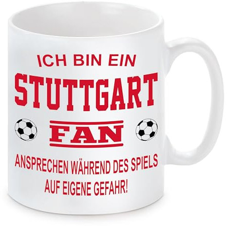 Fussball Tasse | Ich bin ein Stuttgart Fan - Ansprechen während des Spiels auf eigene Gefahr | Keramiktasse für Fußballfans | Spülmaschinenfest | mit Wunschtext auf der Rückseite