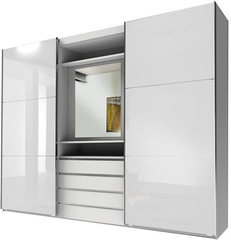 Lomadox Kleiderschrank weiß Schwebetüren Glasfront Spiegel Element Schwebetürenschrank 4 Schubladen 300x236x65 cm