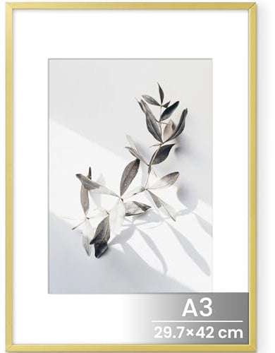 Feihorrm A3 Bilderrahmen, Aluminium Gold Din A3 Rahmen, Für 29,7x42 cm-Fotos ohne Passepartout oder 20x28,7 cm-Fotos mit Passepartout, Metall Fotorahmen Mit gehärtetem Glas für Poster Wandkunstrahmen