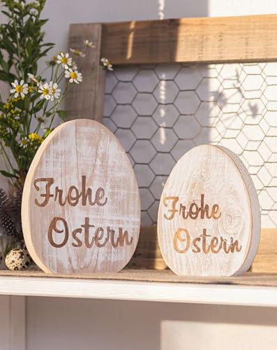 Dekoleidenschaft 2X Deko-Ei Frohe Ostern aus Holz, weiß gekalkt, Dekofigur Osterei, 14 + 16 cm hoch, Osterdeko, Holdeko