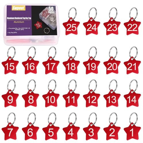Swpeet 50pcs 1-25 Nummer Red Star Aluminium Nummer Tags mit Schlüsselringen Sortiment Kit, Metall Schlüsselanhänger Tag mit Schlüsselringen nummerierte Schlüssel Tags ID Tags für Codierung, Dekoration