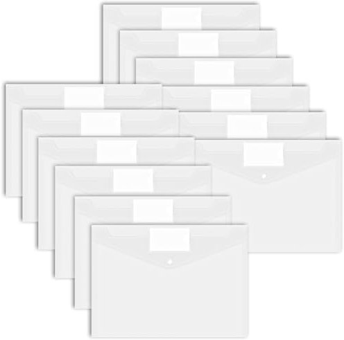 12 Stück Dokumententasche A4,Wasserdichte Dokumentenmappe A4 Mit Etikettentasche, Klarsichthülle Sammelmappen für Dokumente Organisieren,Papier,Bürobedarf, Hausaufgaben,Schulbüro,Reisen(Transparent)