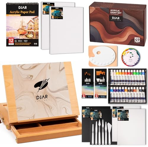 DJAR 49 pcs Acrylic Paint Set with Tabletop Easel Box, 24 Acrylic Paint Colours, Sketchbook, Canvas Panels, Complete Art Supplies Kit for Adults, Teens and Beginners