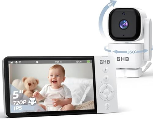 GHB Camara Vigilancia Bebe 5 Rotación de 350° 720P HD IPS, Batería de 5000mAh Vigilabebes con Camara Visión Nocturna Comunicación Bidireccional VOX 4xZoom