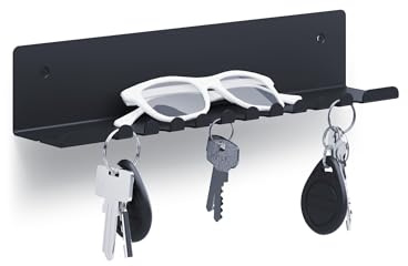 byde Bakker Wandregal 30 x 6 x 6 cm. Mit 10 Haken und Ladekabelhalter. Organizer für Schlüssel, Briefe und Kleinigkeiten. Regal aus pulverbeschichtetem Stahlblech. Schwarze.