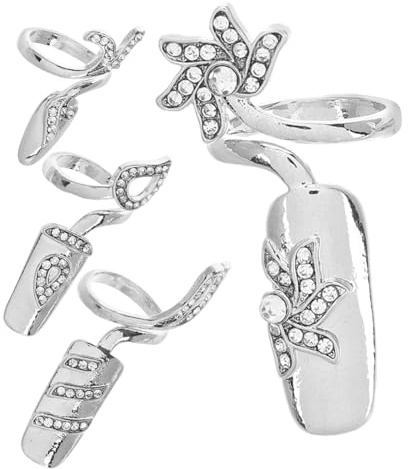 VICASKY Rhinestone Open Silver Rings 4pcs Women Nail Caps Ladies Nail Tip Patch Manicure Art Party Decoration Jewelry Set