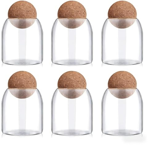 vskikris 6 pcs Glass Jars with Cork Lids Glass Food Storage Containers with Ball Stopper Coffe Canister for Oats, Coffee, Spices, Candies, Flour 17oz/500ML