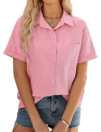 UMIPUBO Camicia Donna Estiva Camicetta Manica Corta Cotone da Donna Elegante Blusa Scollo V Casual Bottone Camicie Maglietta Versatile Top Tinta Unita Shirt Classico