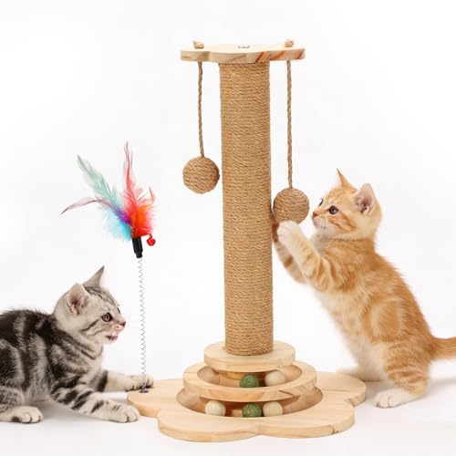 ZESTEFY 4 in 1 Katzenkratzbaum, 46cm Sisal Kratzsäule mit Spielbällen und Feder, interaktives Katzenspielzeug, Stabiler Kratzstamm für kleine Katzen