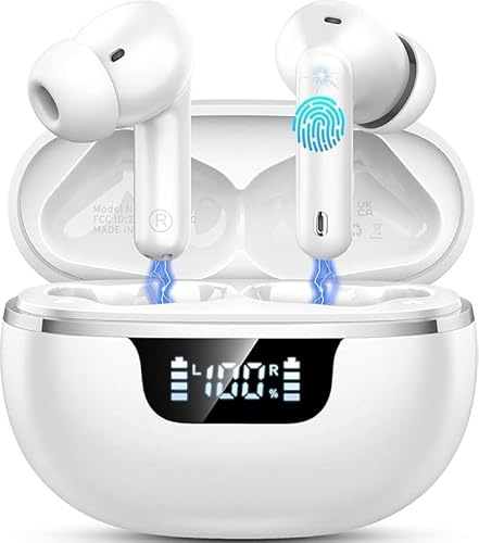 Auriculares Inalambricos Bluetooth, Cascos Inalambricos Bluetooth 5.4 HiFi Estéreo, 45 Horas Auriculares inalámbricos con ENC Cancelacion Ruido, Pantalla LED/Carga Rápida Tipo-C, Blanco brillante