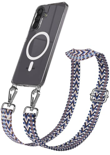 EAZY CASE Handykette - Verstellbares Taschenband kompatibel mit Galaxy A57, Schulterriemen, Handykordel mit Silikon Hülle, Qi Charging kompatibel, Umhängetasche, Blau Weiß Silber