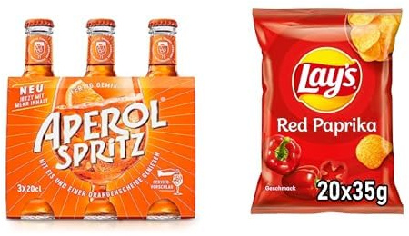 Aperol Spritz servierfertig (10,5%) 3x0,2L + Lay’s Red Paprika Kartoffelchips 20x35g – Aperitif Cocktail Set mit Chips