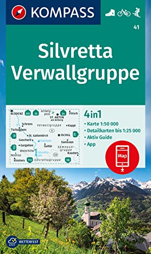 KOMPASS Wanderkarte 41 Silvretta, Verwallgruppe 1:50.000: 4in1 Wanderkarte, mit Aktiv Guide und Detailkarten inklusive Karte zur offline Verwendung in der KOMPASS-App. Fahrradfahren. Skitouren.