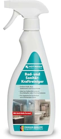 HOTREGA Badreiniger 500ml | Sanitär-Kraftreiniger mit Kalklöser-Effekt | Gegen Rost & Seifenreste | Schmutzblocker für Dusche, Armaturen, Fliesen | Glanz auf Chrom, Glas & Edelstahl