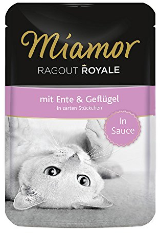 MIAMOR - Ragout Royale in Sauce | Nassfutter in Sauce für ausgewachsene Katzen. Alleinfutter im Frischebeutel ohne Soja, Farb- und Konservierungsstoffe | 22x100g Ente