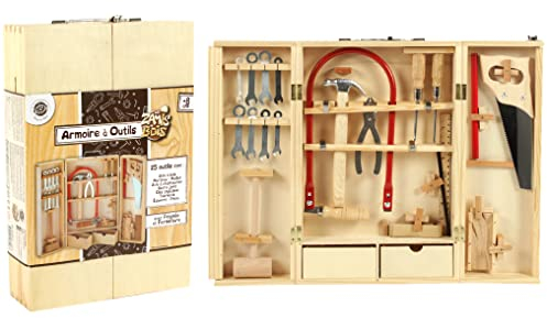 PLANETE BOIS - Armoire à Outils en Bois avec De Vrais Outils - FSC - 098927-25 Pièces - Beige - Bois - Jeu pour Enfant - Montessori - Motricité - Bricolage - 26 cm x 40 cm - À Partir de 8 Ans