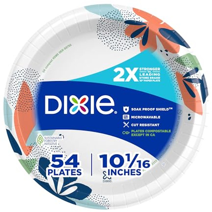 Dixie Large Paper Plates, 10 Inch, 54 Count, 2X Stronger*, Microwave-Safe, Soak-Proof, Cut Resistant, Disposable Plates For Everyday Breakfast, Lunch, & Dinner Meals