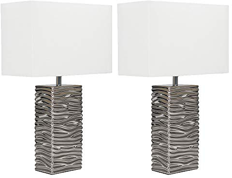 MiniSun | Pair of - Modern Silver Ripple Effect Ceramic Table Lamp with a White Light Shade | Table Lamps & Home Improvements Essential