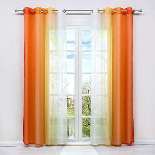 HongYa 2er-Pack Farbverlauf Gardinen Transparenter Voile Vorhänge Schals mit Ösen H/B 145/140 cm Orange