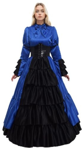GRACEART Women Medieval Victorian Goth Witch Costume Renaissance Vintage Ruffles Ball Gown with Crinoline and Belt (2XL, Blue)