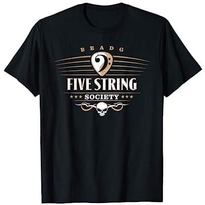 Bassgitarre Bekleidung & Geschenke by eleventeez Five String Society für Bassist 5-Saiter Bass T-Shirt Schwarz S Unisex Damen Herren Kurzarm Klassische Passform Polyester 100% T-Shirt