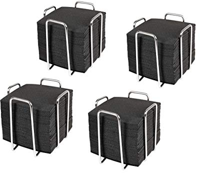 HostelNovo - Lot de 4 serviettes de table avec 200 serviettes de cocktail 10 x 10 cm - Porte-serviettes en acier inoxydable résistant - Serviettes noires en papier jetable
