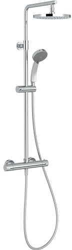 Jacob Delafon - Colonne de Douche Thermostatique SIMONE - Pomme de Tête de 20cm - Douchette 4 Jets - Régulateur de Débit - Butée de Sécurité - 28,1 x 143,7 x 47cm - Finition Chrome - E32849-CP