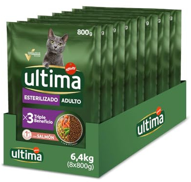Ultima Sterilisiertes Adult Lachs, Trockenfutter für Katzen, 8 x 800 g, insgesamt 6,4 kg
