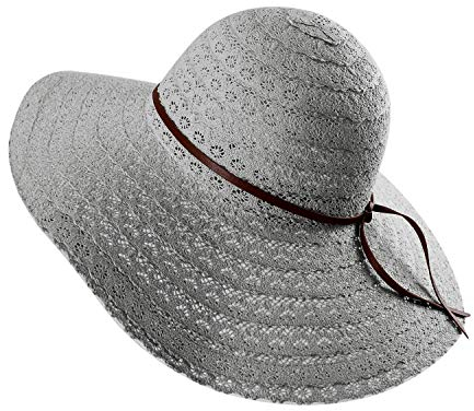 LAEMILIA Damen Sommer Strand Sonne Hüte Wide Rand Mit Schleife Strohhut Sonnenhut Strandhut Sommerhut Damenhut (Stil-3-Grau)