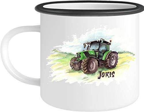 EZYshirt® Traktor mit Wunschnamen | Trecker Aufdruck Emailletasse Kaffeebecher