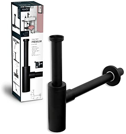 aquaSu® Design Siphon in schwarz-matt | Flaschensiphon in 1 1/4 x 32 mm | Reinigungsöffnung | Geruchsverschluss für Waschbecken | Tassensiphon 300 mm Länge | Metall | 22622 6