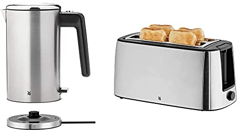 WMF Lono Wasserkocher Edelstahl 1,3l, doppelwandig, elektrischer Wasserkocher mit Kalkfilter, 2400 Watt & Bueno Pro Toaster Langschlitz mit Brötchenaufsatz, 4 Scheiben, XXL Toast, Aufknusper-Funktion