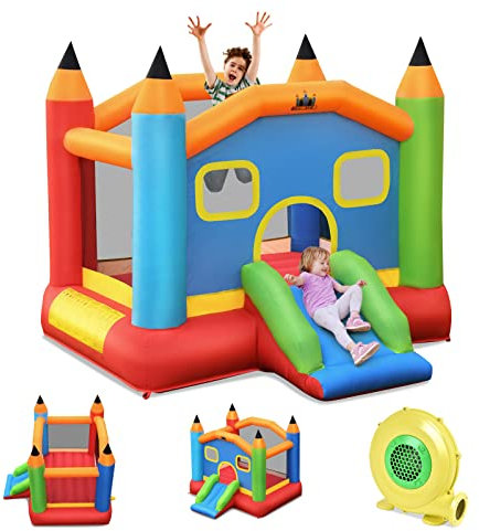 GOPLUS Château Gonflable avec Souffleur avec Trampoline Toboggan Gonflable Motif Crayon, Escalade Idéal pour 2-3 Enfants Charge Max 90kg,Cadeau de Choix, 273x273x228CM (avec Souffleur 450W)