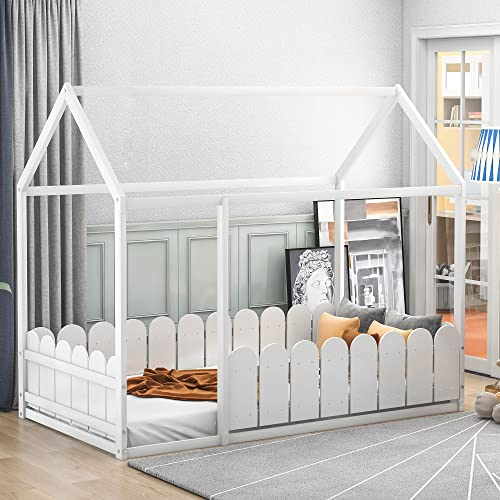 Merax Hausbett Kinderbett, Holzhaus Bett 160x80 cm mit Rausfallschutz für Jungen & Mädchen, Massivholz Kinder Bett Baumhausbett Stabiles Bettenhaus, Weiß