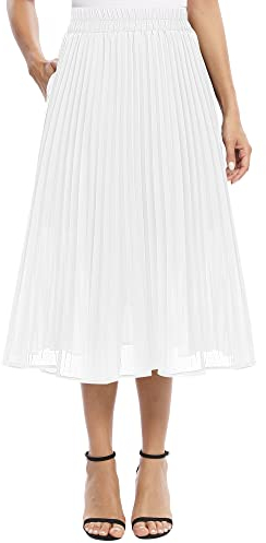 EXCHIC Damen Fließender Chiffon Elastisch Taille Midi Rock Freizeit A-Linie Knielange Falten Rock mit Tasche (XL, Weiß)