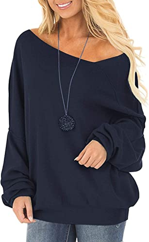 Ranphee Sweatshirt Damen ohne Kapuze Warm Schwarz Sweat Frauen Pullover Sweatpullover Langarm Oversized Schulterfreie Fledermausärmel