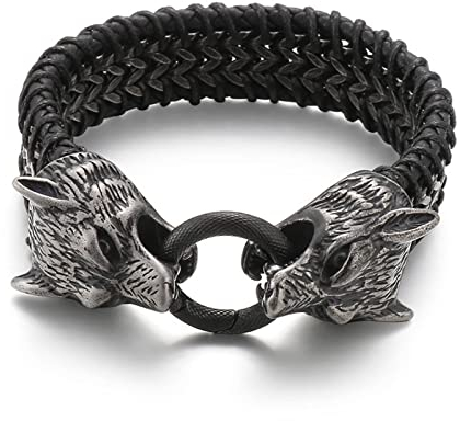 AMDXD Geschenk Für Männer Bettelarmband Herren, PU Leder Armbänder Kinder Wolf Punk Armbänder Schwarz Armschmuck Edelstahl mit Magnet Verschluss, Länge 23cm