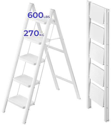 JOISCOPE 5-Step Folding Ladder - 270 KG Load Capacity, Anti-Slip Wide Treads, Portable & Multifunctional for Indoor/Outdoor, White