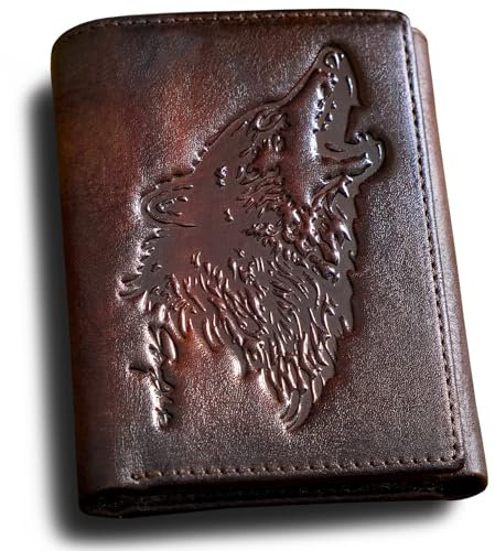 skneephate Dreifach gefaltete Herren-Geldbörse, Wolfs-Geldbörse für Herren, Leder, RFID-blockierend, Geschenke für Ihn und Ehemann, Kaffee, Retro