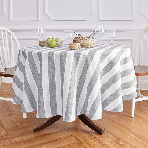 Solino Home Cabana gestreifte Leinentischdecke, 178 cm Durchmesser, 100 % reines Leinen, grau und weiß, runde Tischdecke, maschinenwaschbar, Bauernhaus, Esszimmer, runde Tischdecke