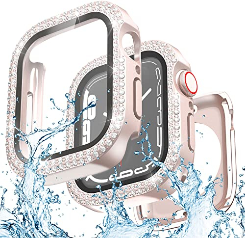 Yolovie Custodia impermeabile 2 in 1, compatibile per Apple Watch 40 mm, protezione dello schermo serie SE 6/5/4, da donna con strass glitterati, per accessori iWatch 40 mm, rosa rosa