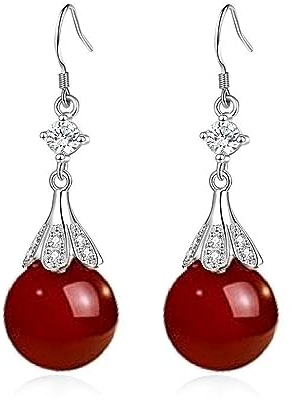 Bellitia Jewelry Damen Ohrringe Hängend mit echten Süßwasserperlen/Grüne Onyx/Roter Onyx, 925 Sterling Silber Dangle Simulierte Diamant Hypoallergen Haken Ohrringe für Frauen Mädchen, 12mm