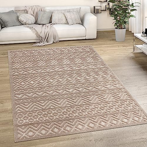 Paco Home Outdoor Teppich wetterfest & langlebig Moderne Boho-Designs mit 3D-Effekt Skandi-Look UV-beständig & robust für Balkon, Garten, Wohnzimmer & Küche, Grösse:160 cm Rund, Farbe:Beige 3