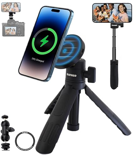 HAFOKO HA-W08 Magnetic Selfie Stick Wireless Charging Tripod Magnetic Wireless Charging Mount Desktop Smartphone Extension Tripod Magnetic Holder w Magic Arm Compatibel for iphone 15/14/13/12