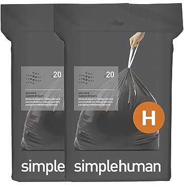 simplehuman Code H 40 Odorsorb Liners, 50% Recycled Custom Fit Odour Absorbing Bin Liners in Dispenser Packs with Durable Drawstring Tie Handle, 30-35L