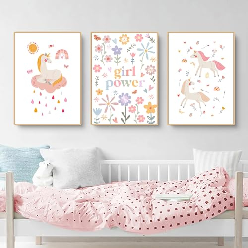 Herfair Poster Kinderzimmer 3er Set Cartoon Einhorn Regenbogen Blumen Wandbilder Babyzimmer Deko Rosa Kinder Poster Leinwand Bilder Ohne Rahmen (21 x 30 cm)