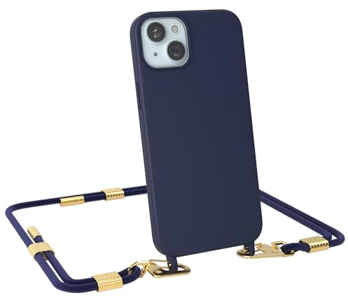 EAZY CASE - Handykette mit Karabiner kompatibel mit iPhone 15 Plus - Hülle Silikon Fallschutz Handyhülle für iPhone 15 Plus Kette zum Umhängen Schutzhülle mit Mikrofaser in Nacht Blau - Clips Gold