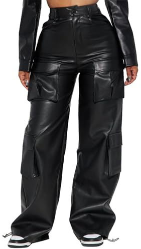 EZAPINE Women's PU Leather Cargo Pants High Waist Button Up Zipper Fly Pants Party Club Trousers with Flap Pockets Black