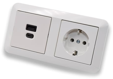 EBROM USB-C und USB-A Unterputz Steckdose/Lader, 45+15 Watt Leistung – Schnellladefunktion für Wearables, Smartphones Tablets – mit Steckdose MEG2301-0319 in System M polarweiß glänzend